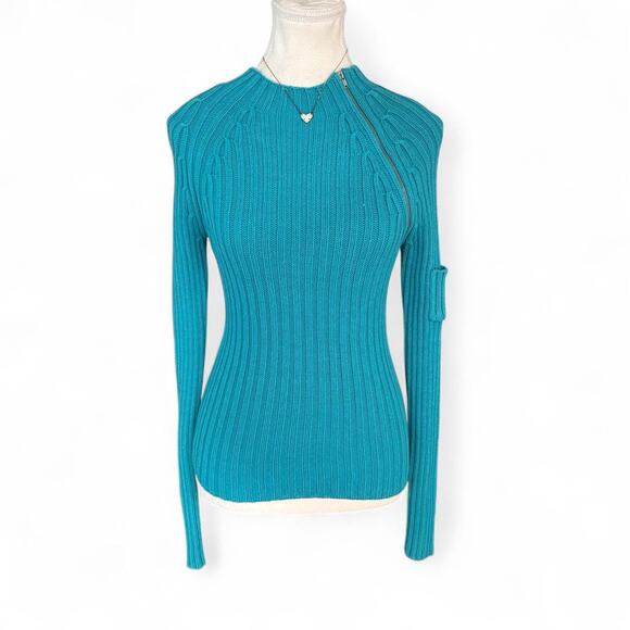 Wet Seal Sweaters - Y2K blue cable knit zip up sweater long sleeve zipper from WET seal Size Small